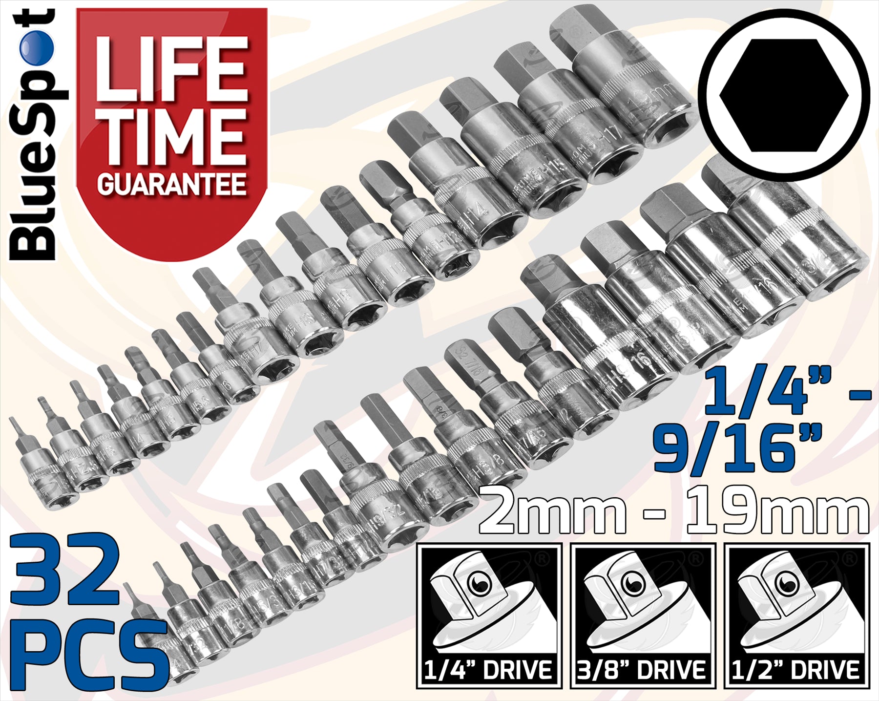 BLUESPOT 32PCS 1/4" & 3/8" & 1/2" DRIVE METRIC & IMPERIAL HEX BIT SOCKETS ( 2MM - 19MM ) ( 1/4" - 9/16" )
