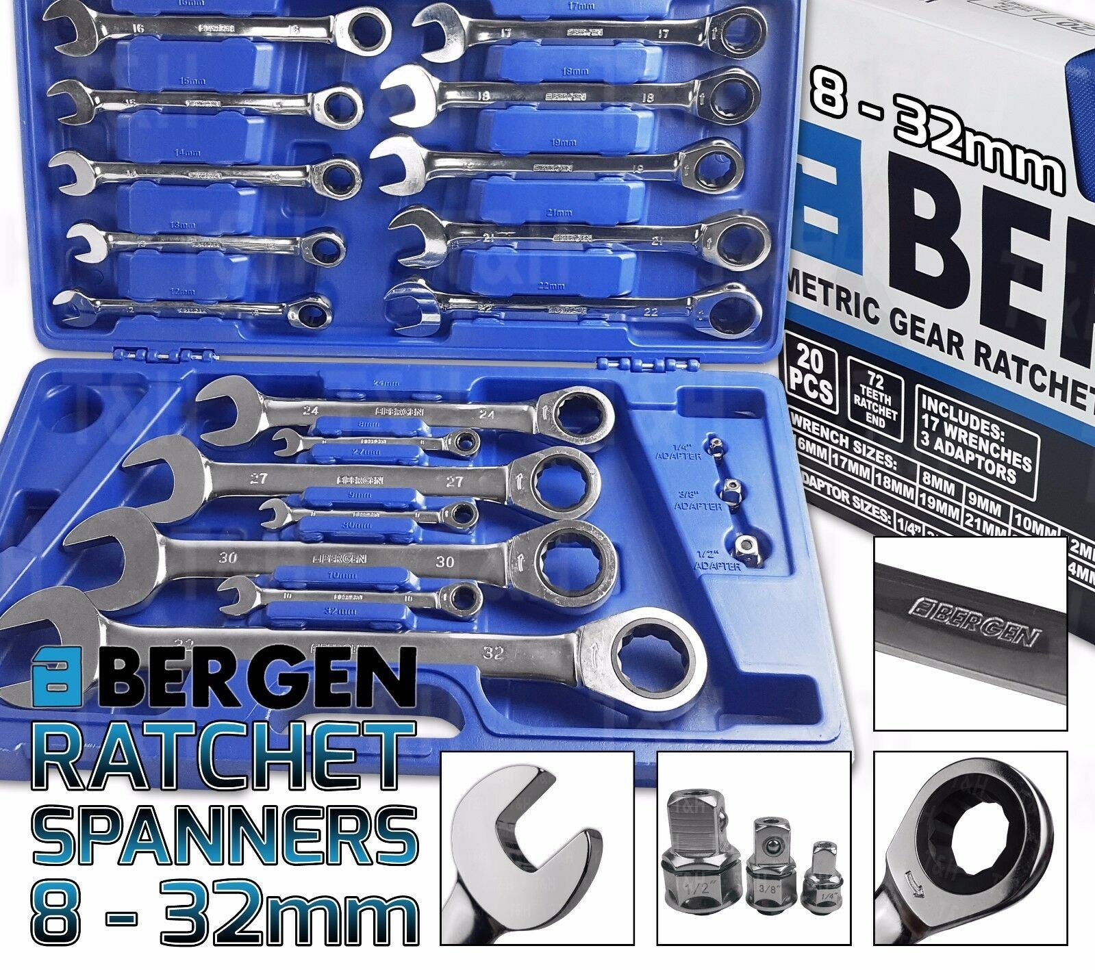 US PRO 20PCS RATCHET COMBINATION SPANNERS & ADAPTERS 8MM - 32MM