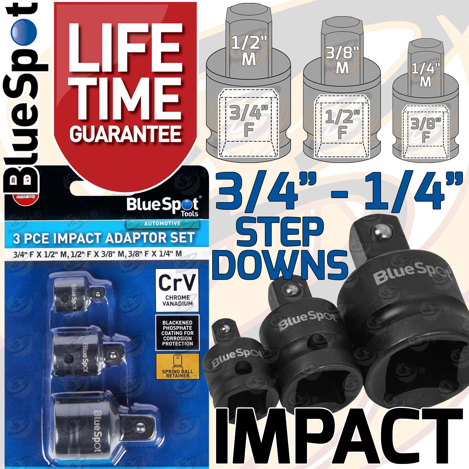 BLUESPOT 3PCS IMPACT STEP DOWN ADAPTER SET ( 3/4" - 1/4" )
