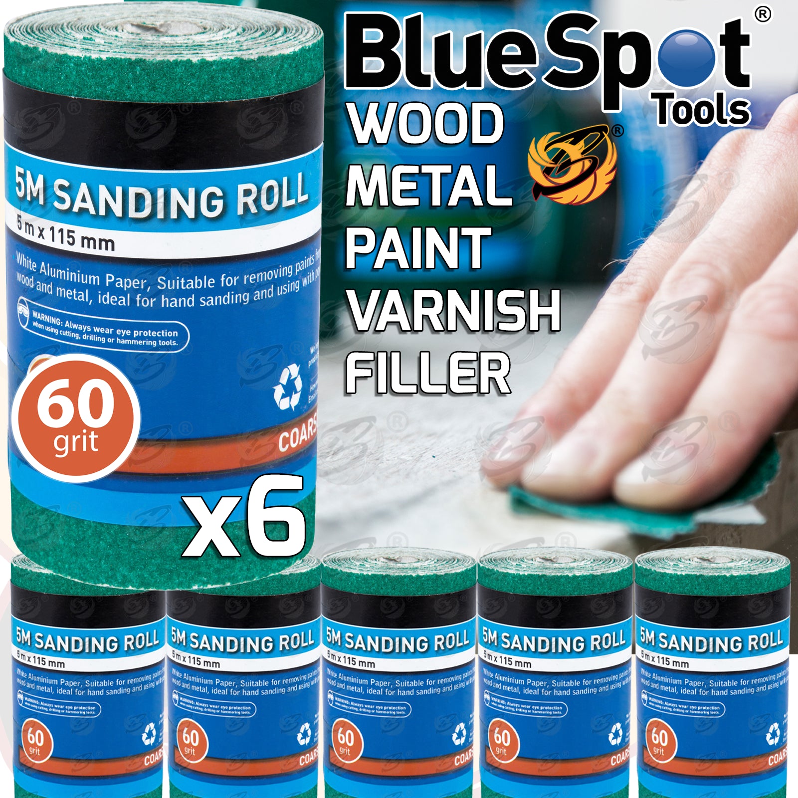 BLUESPOT 60 GRIT SANDING ROLL ( 5M x 115MM ) ( 6 ROLLS )