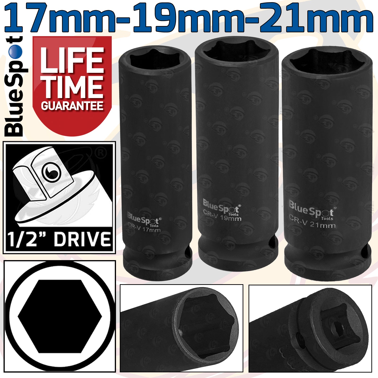 BLUESPOT 3PCS 1/2" DRIVE 6 POINT DEEP IMPACT SOCKETS 17MM - 19MM - 21MM