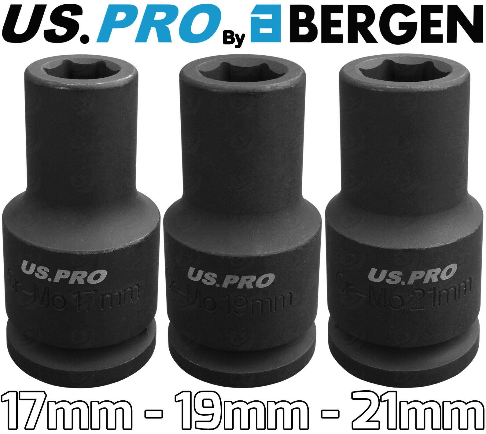 US Pro 3 Piece 3/4" Drive 6 Point Deep Impact Sockets 17mm - 19mm - 21mm 3407 & 3408 & 3409