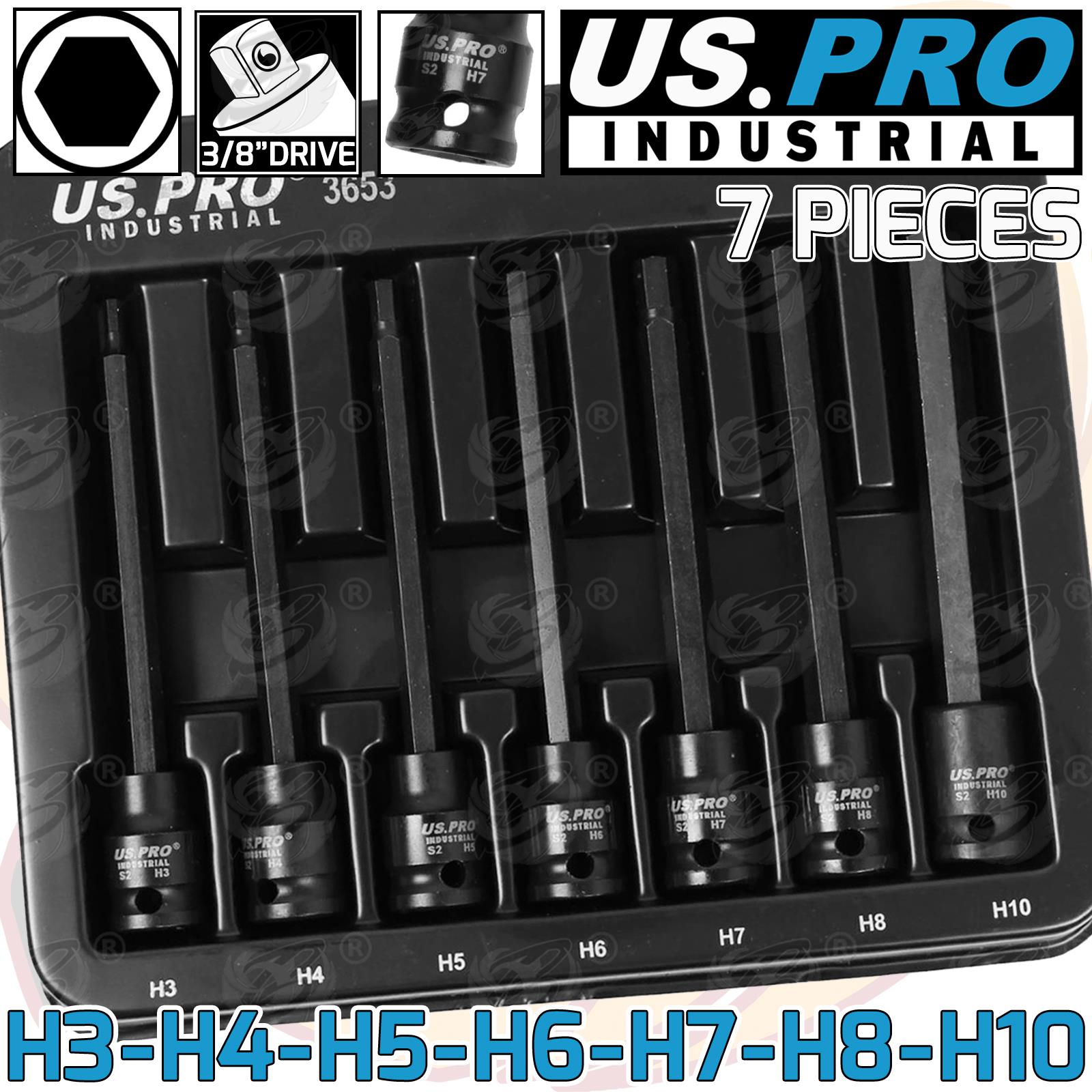 US PRO INDUSTRIAL 7PCS 3/8" DRIVE EXTRA LONG IMPACT HEX BIT SOCKETS H3 - H10