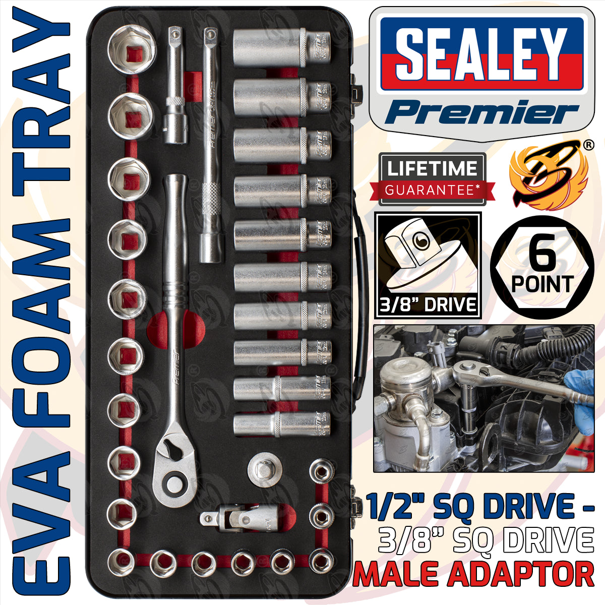 SEALEY 32PCS 3/8" DRIVE 6 POINT 90 TOOTH PREMIER PLATINUM SOCKET SET 6MM - 24MM