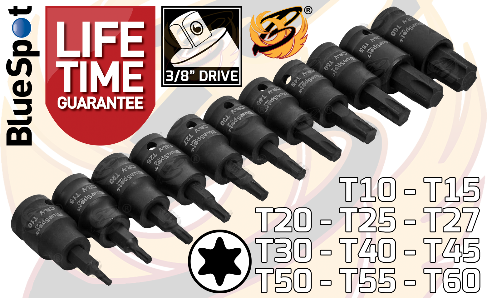 BLUESPOT 31PCS 3/8" DRIVE IMPACT HEX - TORX - SPLINE BIT SOCKETS