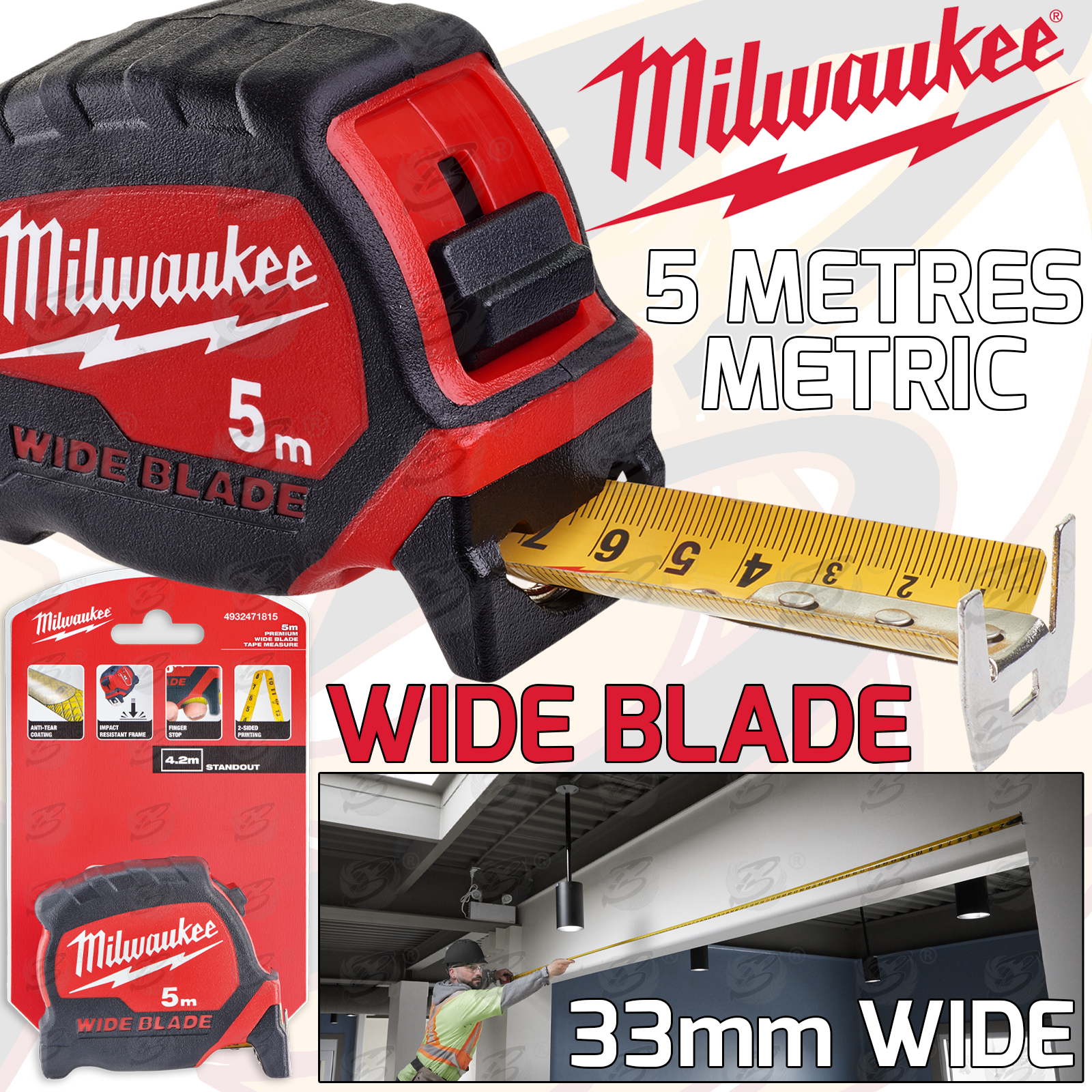 Milwaukee 5M 33mm Extra Wide Nylon Blade Premium Metric Tape Measure ( 4932471815 )
