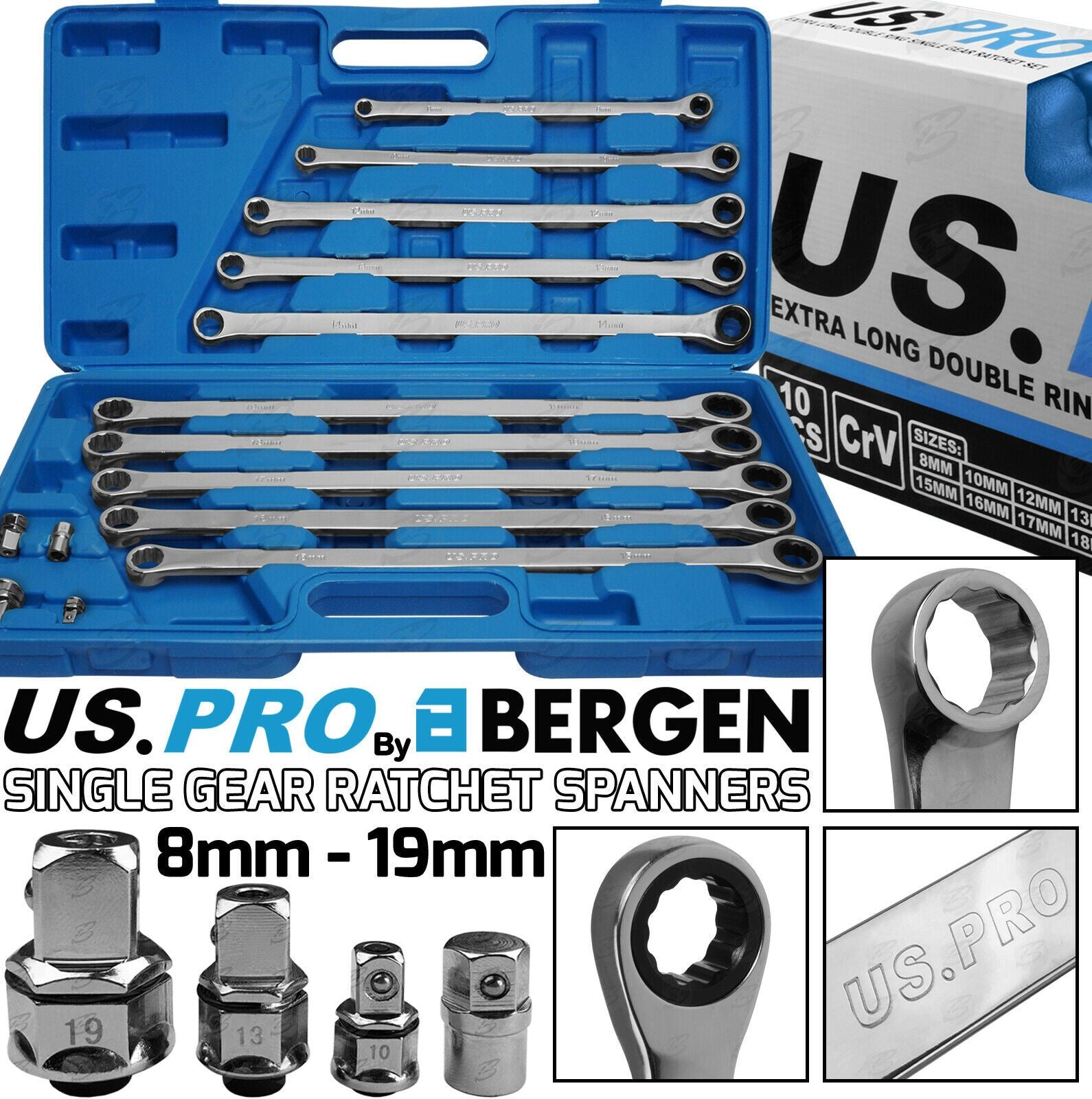 US PRO 10PCS SINGLE RING EXTRA LONG RATCHET AVIATION SPANNERS 8MM - 10MM