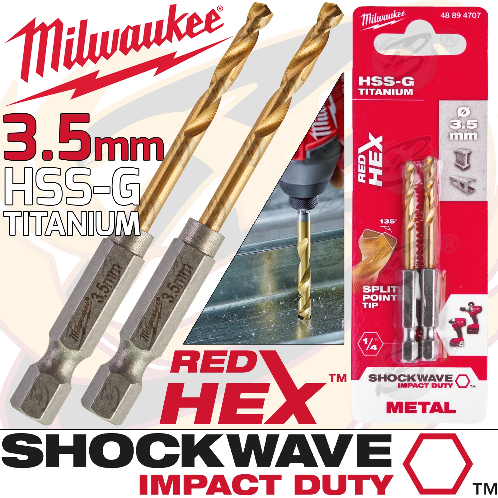 MILWAUKEE 3.5MM HSS TITANIUM METAL RED HEX DRILL BIT