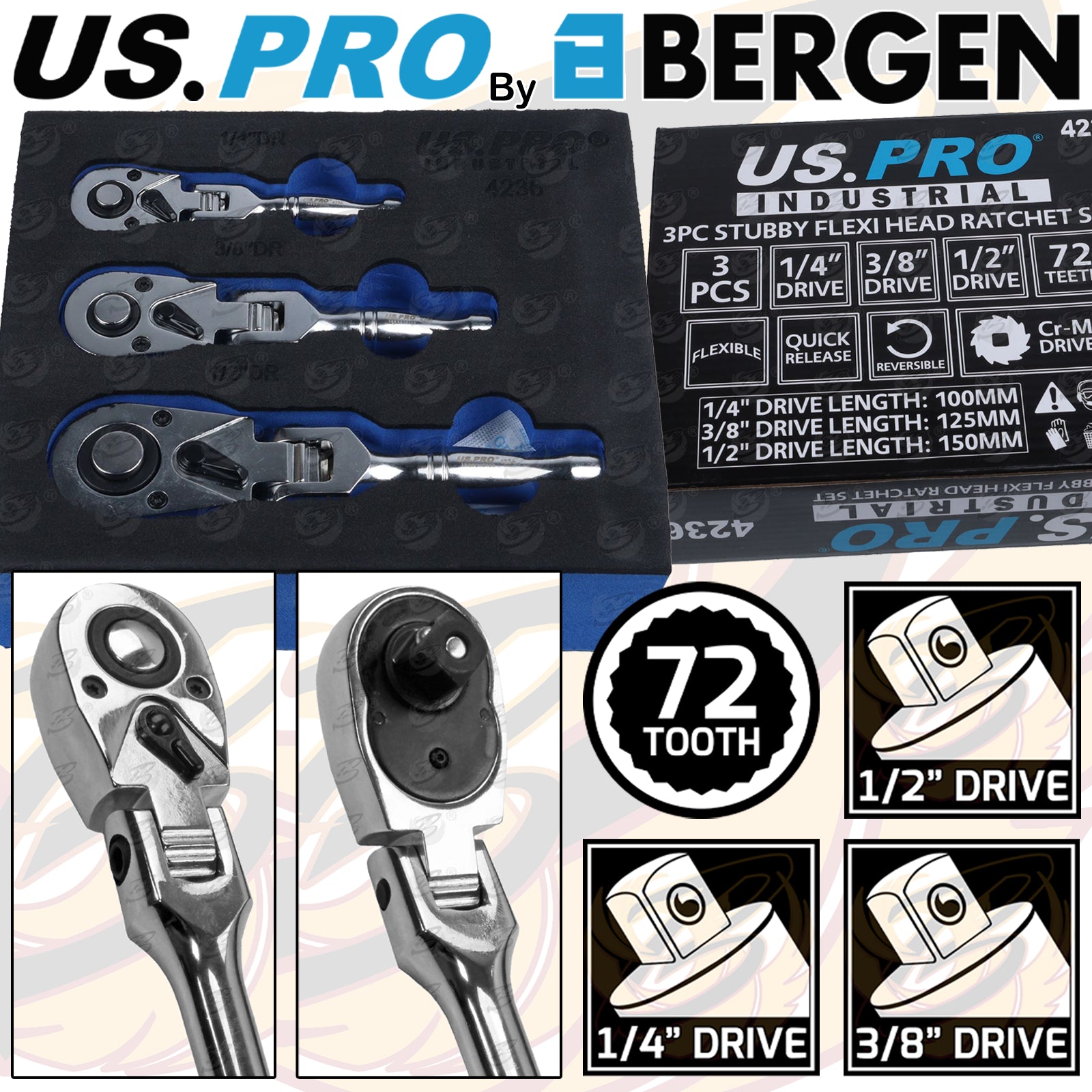 US PRO 3PC STUBBY FLEXI HEAD RATCHET SET 1/4" - 3/8" - 1/2"