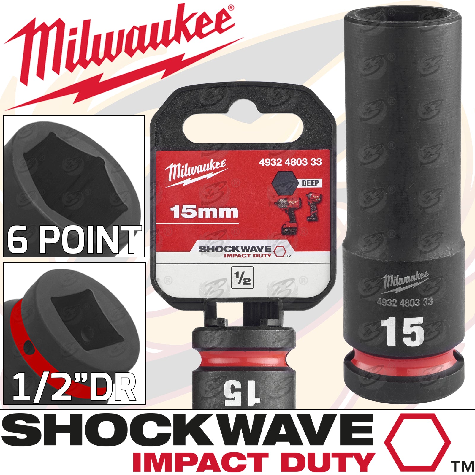 MILWAUKEE 15MM 1/2" DRIVE 6 POINT DEEP IMPACT SOCKET ( SINGLE )
