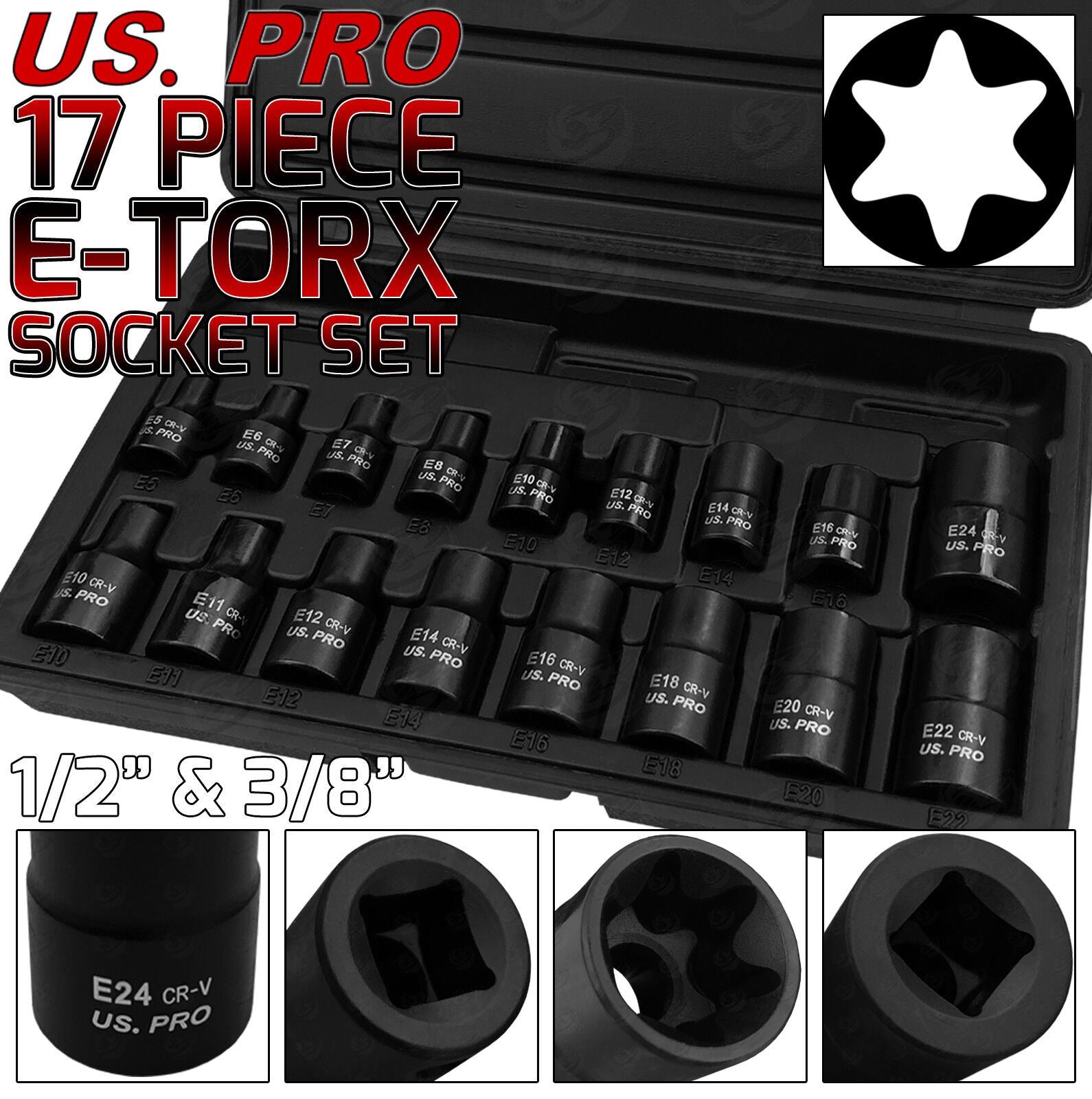 US PRO 17PCS 3/8" & 1/2" DR IMPACT E - TORX SOCKETS E5 - E24