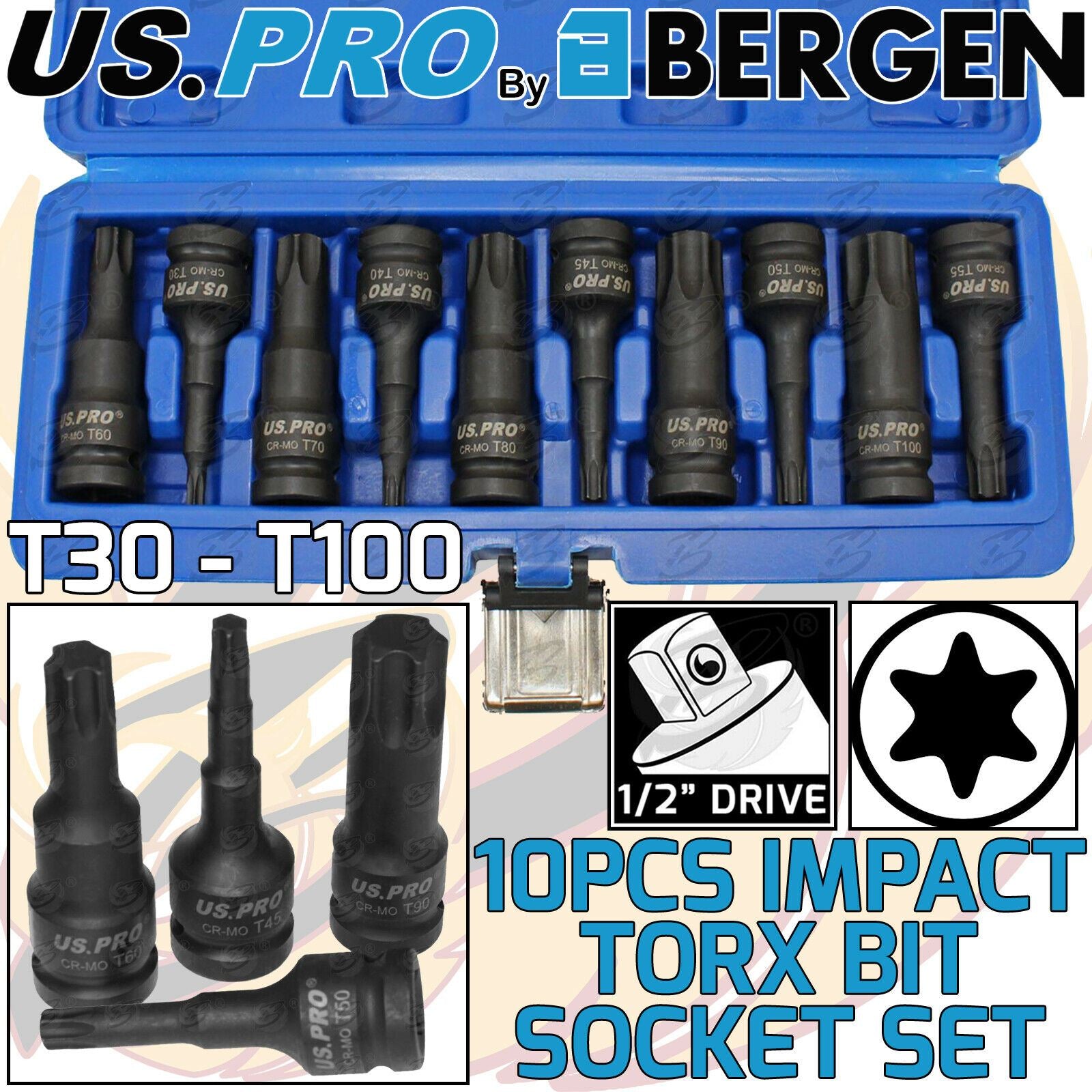 US Pro 10 Piece 1/2" Drive Impact Torx Bit Sockets T30 - T100 3638