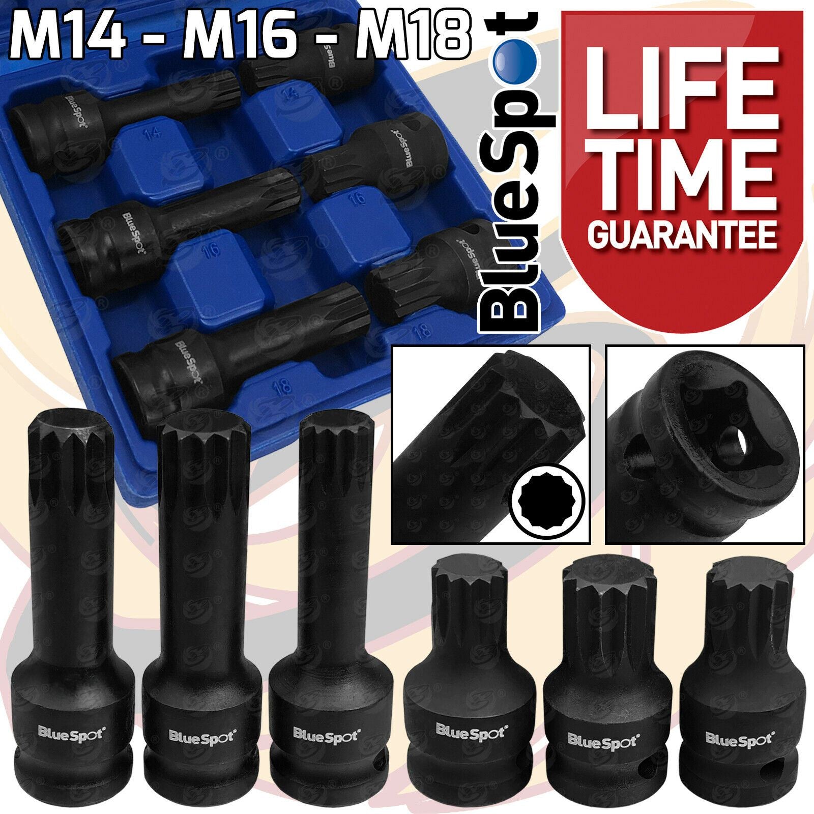BLUESPOT 6PCS 1/2" DRIVE IMPACT SPLINE BIT SOCKETS M14 - M18