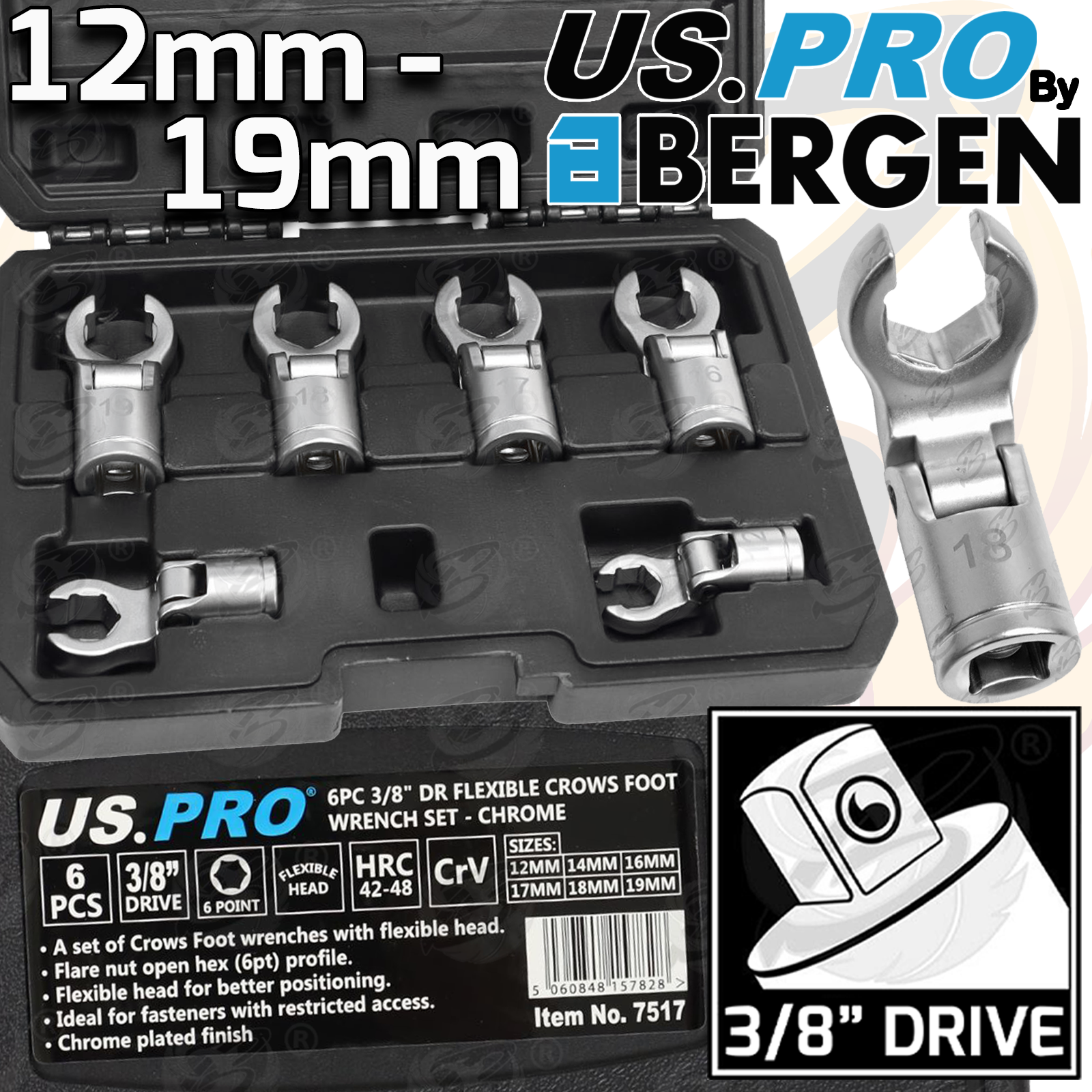 US Pro 6 Piece 3/8" Drive Flexible Crows Foot Wrench Sockets ( 12mm - 19mm ) ( Chrome ) 7517