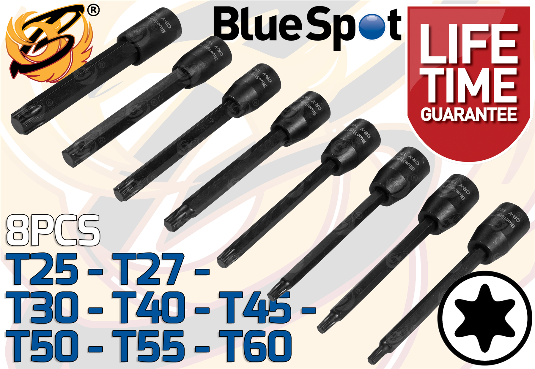 BlueSpot 8 Piece 3/8" Drive Extra Long Impact Torx Bit Sockets T25 - T60 ( 01593 )