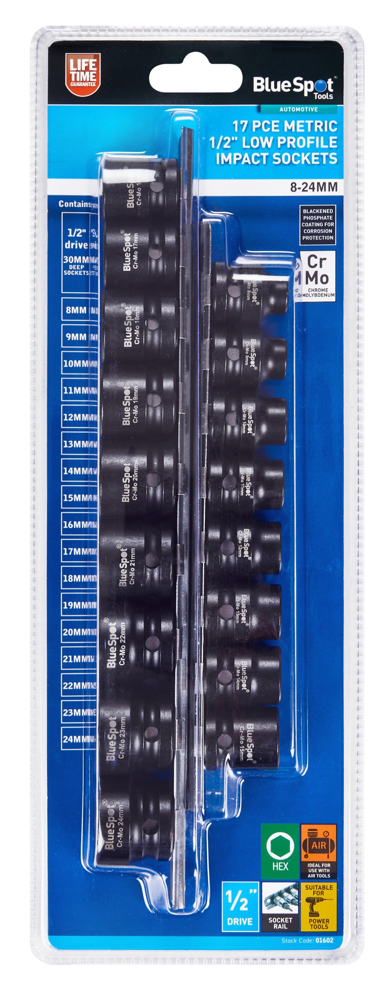 BLUESPOT 17 PCE METRIC 1/2" LOW PROFILE IMPACT SOCKETS (8-24MM)