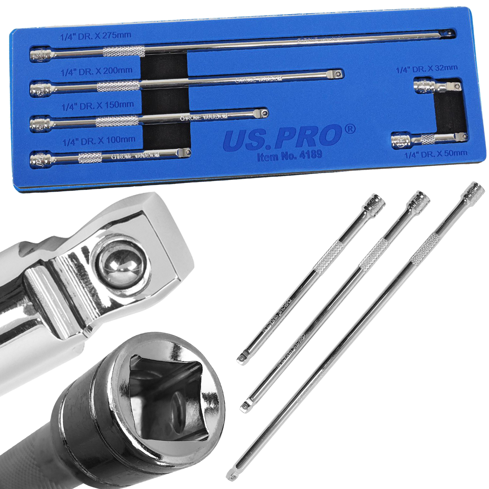 US Pro 6 Piece 1/4" Drive Wobble Extension Bars 32mm - 250mm 4189