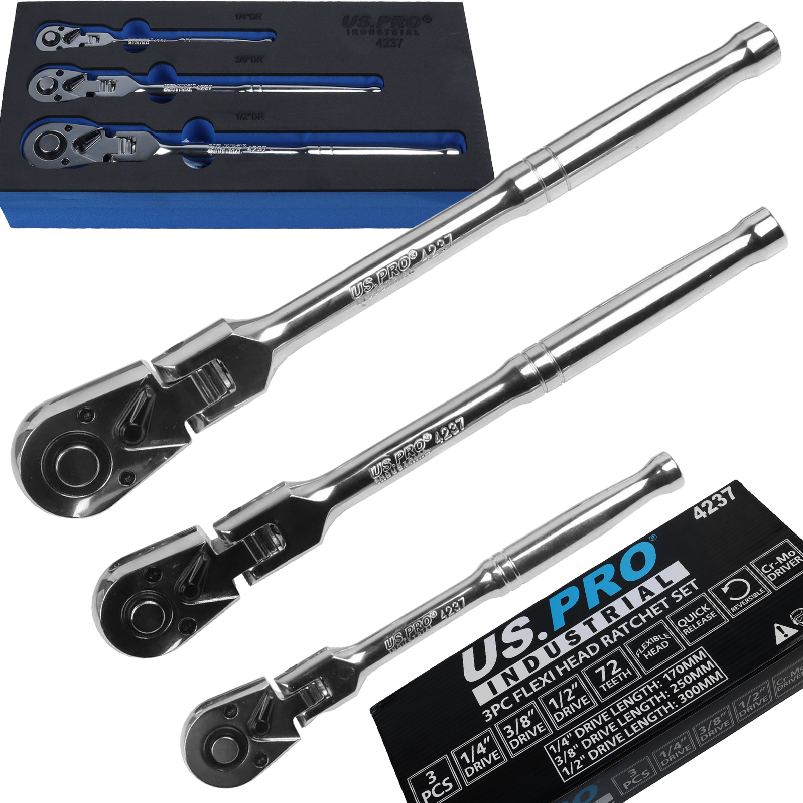 US Pro 3 Piece Flexi Head Ratchet Set 1/4" - 3/8" - 1/2" Drives 4237