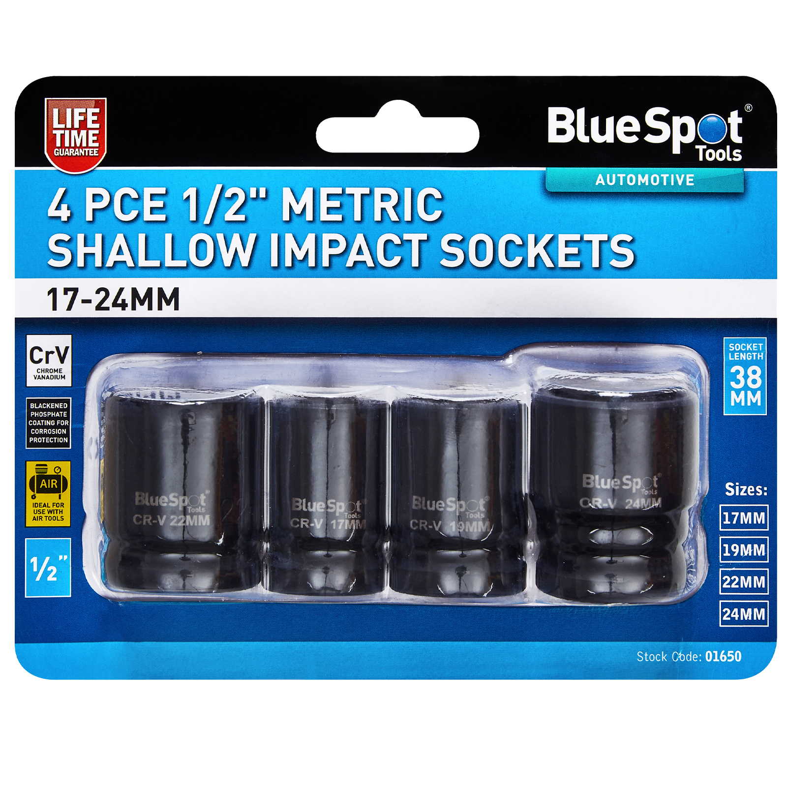 BlueSpot 4 Piece 1/2" Metric Shallow Impact Sockets (17-24mm) ( 01650 )