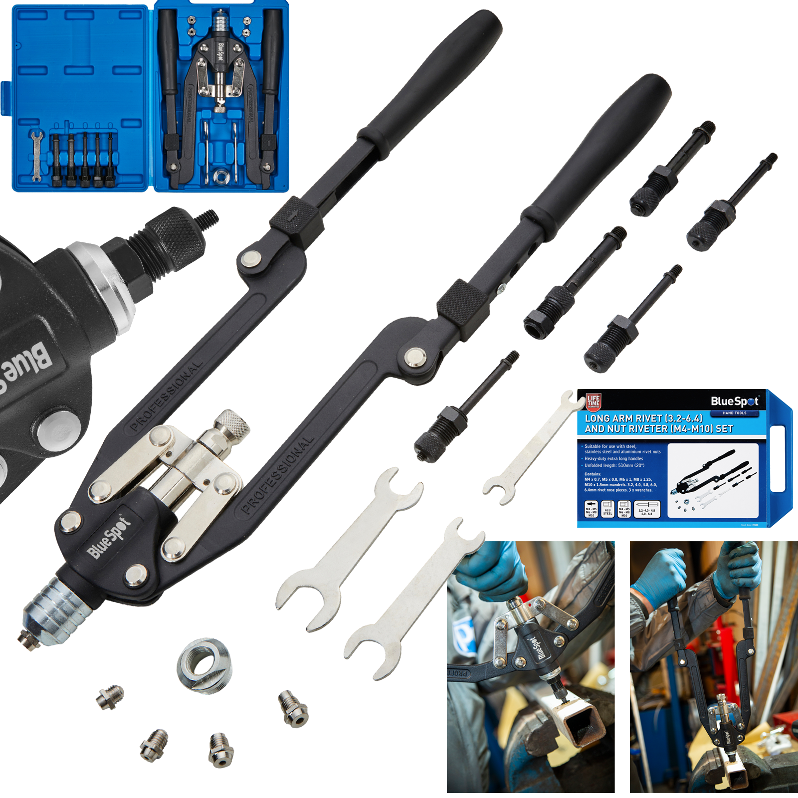 BlueSpot Long Arm Rivet (3.2-6.4) And Nut Riveter (M4-M10) Set ( 09108 )