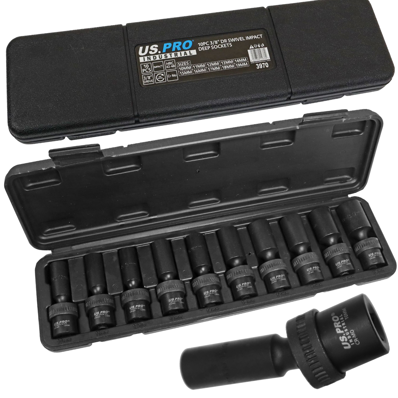 US Pro 10 Piece 3/8" Drive Swivel Impact Deep Sockets 3970