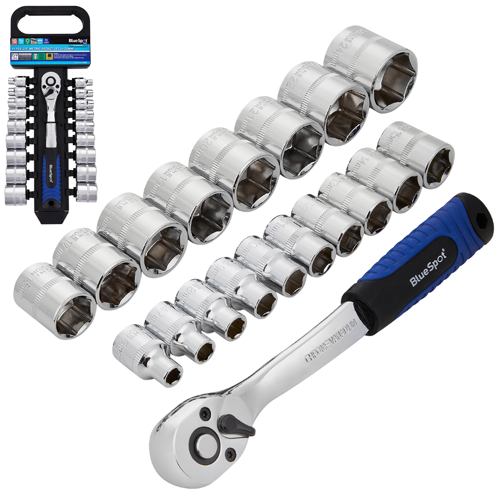 BLUESPOT 19 PCE 3/8" DRIVE METRIC SOCKET SET (6-24MM)