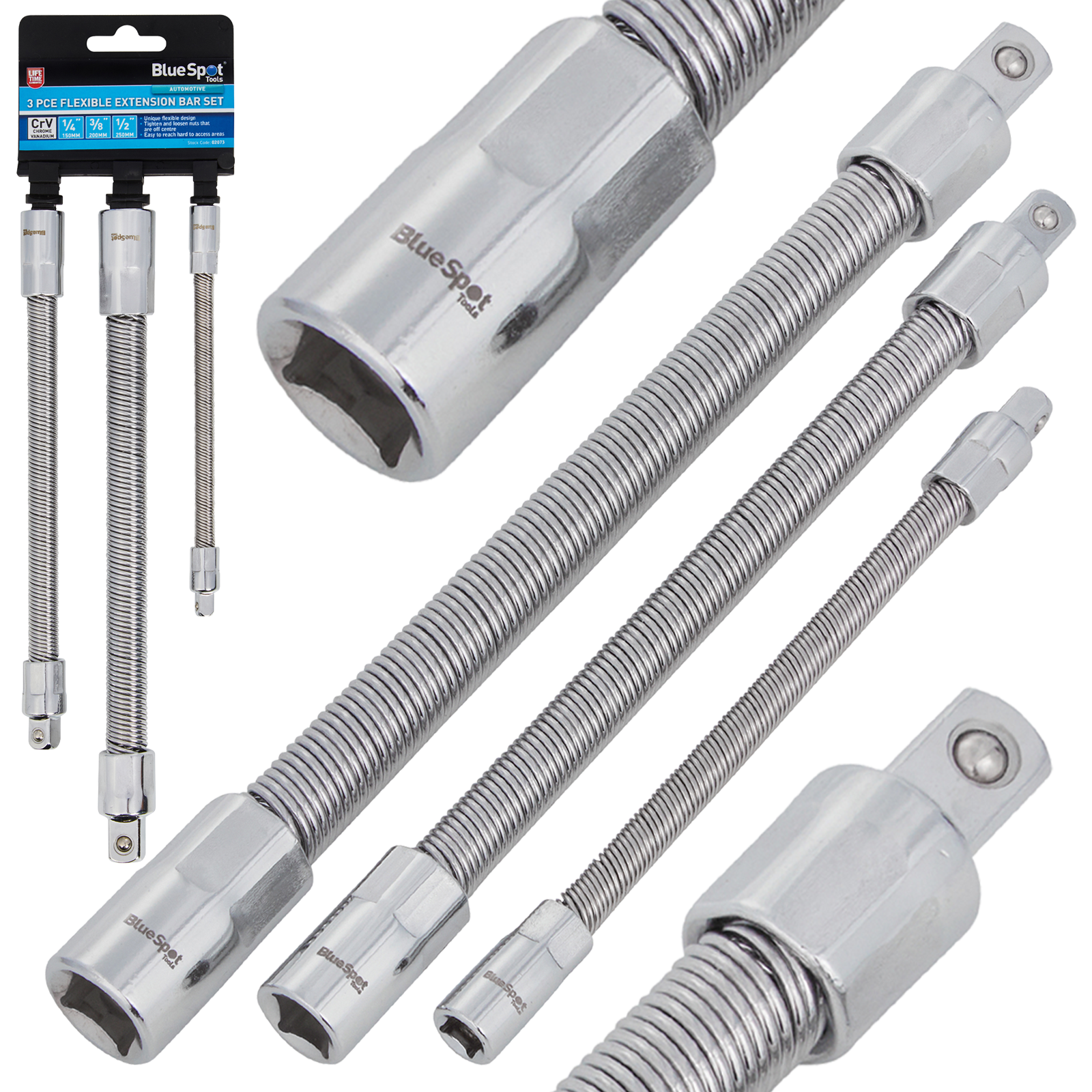 BlueSpot 3 Piece Flexible Extension Bar Set 1/4"-3/8"-1/2" ( 02073 )