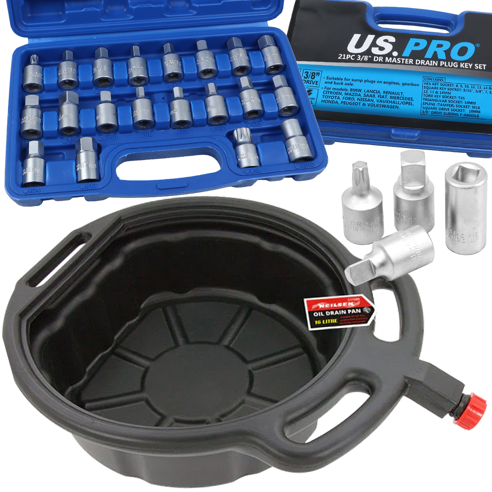 NEILSEN 16L OIL DRAIN PAN & US PRO 21PCS MASTER DRAIN PLUG KEY SET & US PRO 3PCS SELF ADJUSTING OIL FILTER WRENCH ( 63 - 120MM )