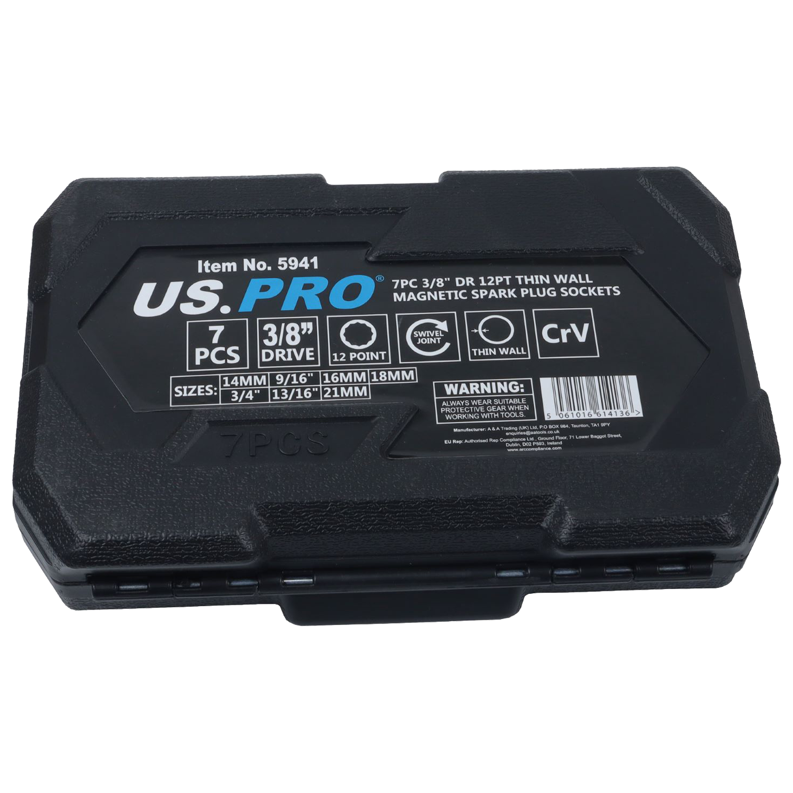 US Pro 7 Piece 3/8" Drive 12 Point Thin Wall Magnetic Spark Plug Sockets 5941