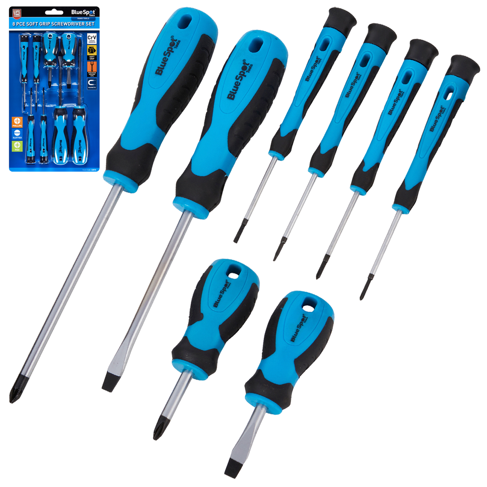 BLUESPOT 8PCE SOFT GRIP SCREWDRIVER SET ( SLOTTEED - POZIDRIVE - PHILLIPS )