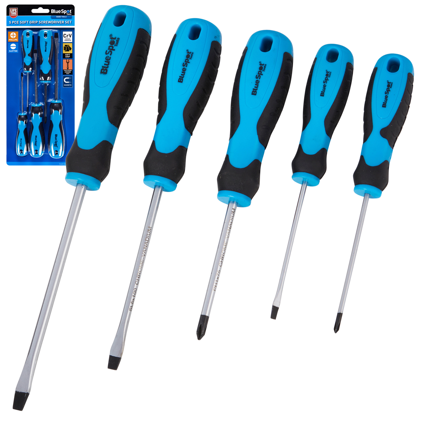 BlueSpot 5 Piece Soft Grip Screwdriver Set ( Slotted - PHillips ) ( 12076 )
