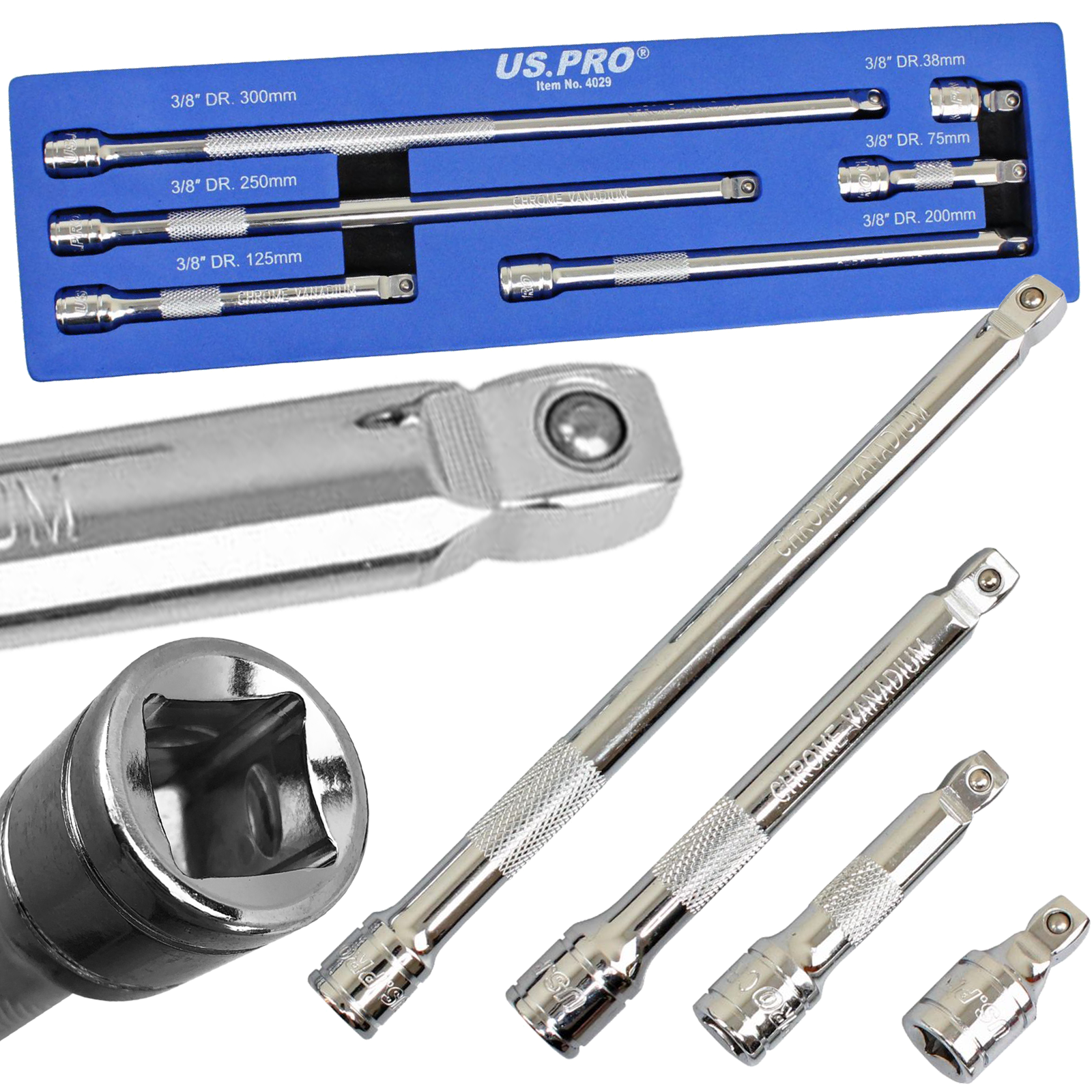 US Pro 6 Piece 3/8" Drive Wobble Extension Bar Set 4029