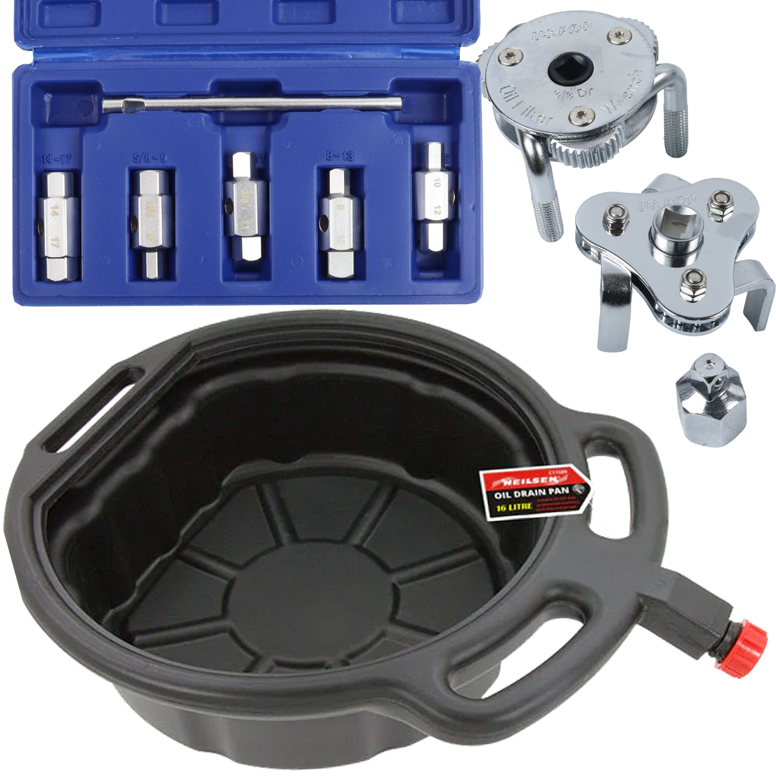 NEILSEN 16L OIL DRAIN PAN & US PRO 6PCS DOUBLE ENDED DRAIN PLUG KEY SET & US PRO 4PCS SWIVEL OIL FILTER STRAPS