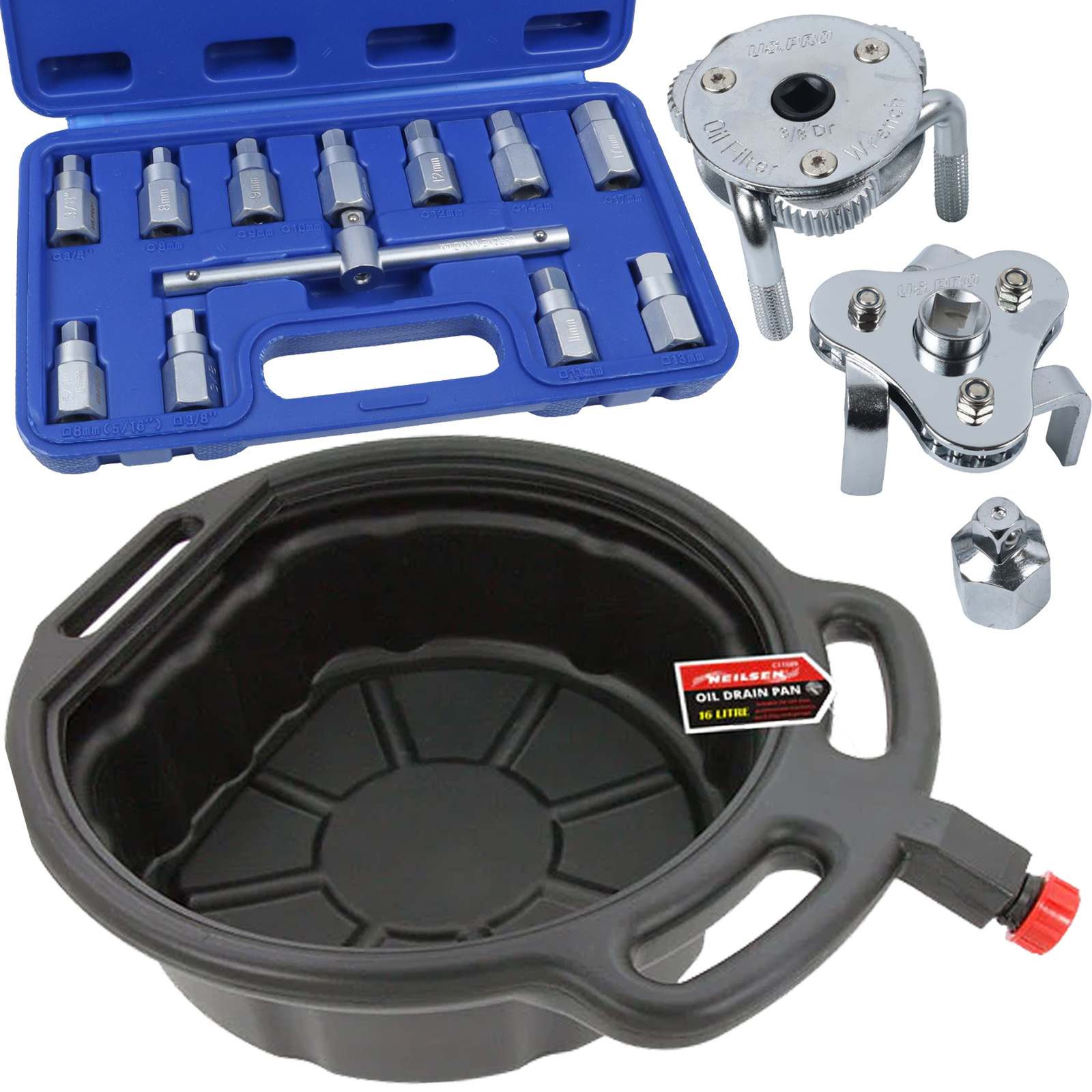 NEILSEN 16L OIL DRAIN PAN & US PRO 12PCS 3/8" DRIVE DRAIN PLUG KEY SET & US PRO 4PCS SWIVEL OIL FILTER STRAPS