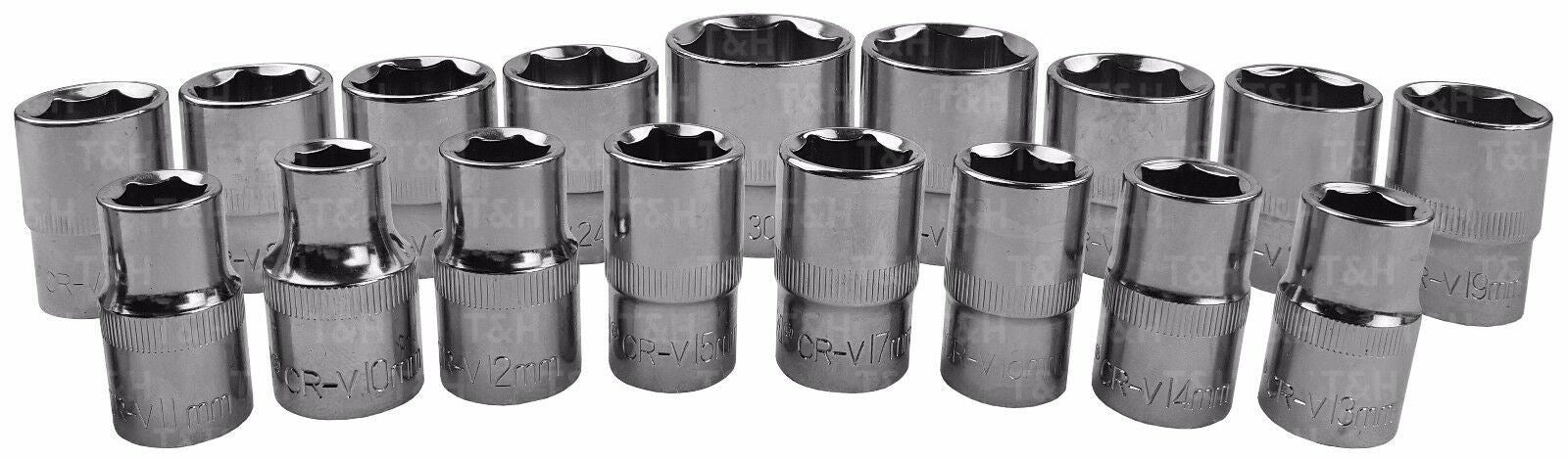 US PRO 17PCS 1/2" DRIVE 6 POINT SHALLOW SOCKETS 10MM - 30MM