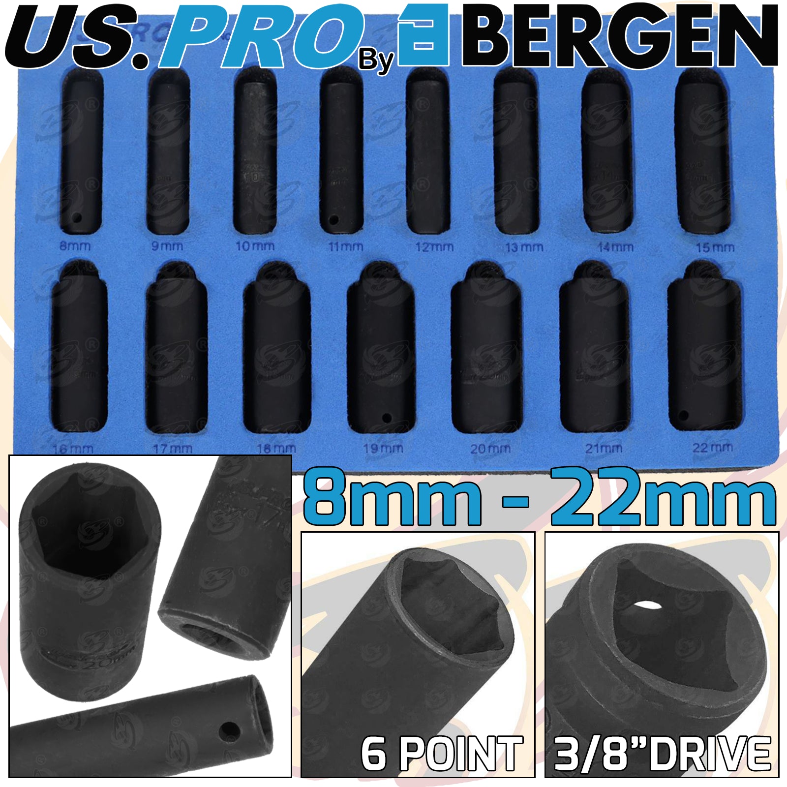 US PRO 15PCS 3/8" DRIVE 6 POINT DEEP IMPACT SOCKETS 8MM - 22MM