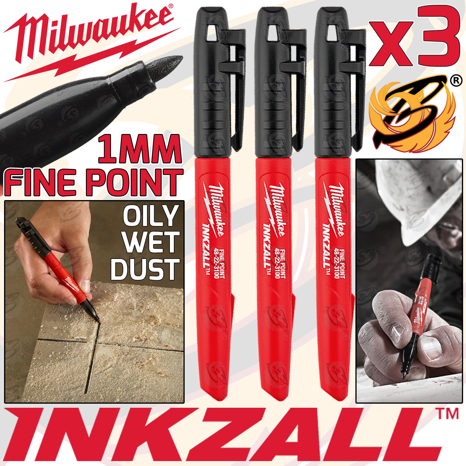 MILWAUKEE INKZALL 1mm ALL SURFACE MARKER PEN ( x3 )