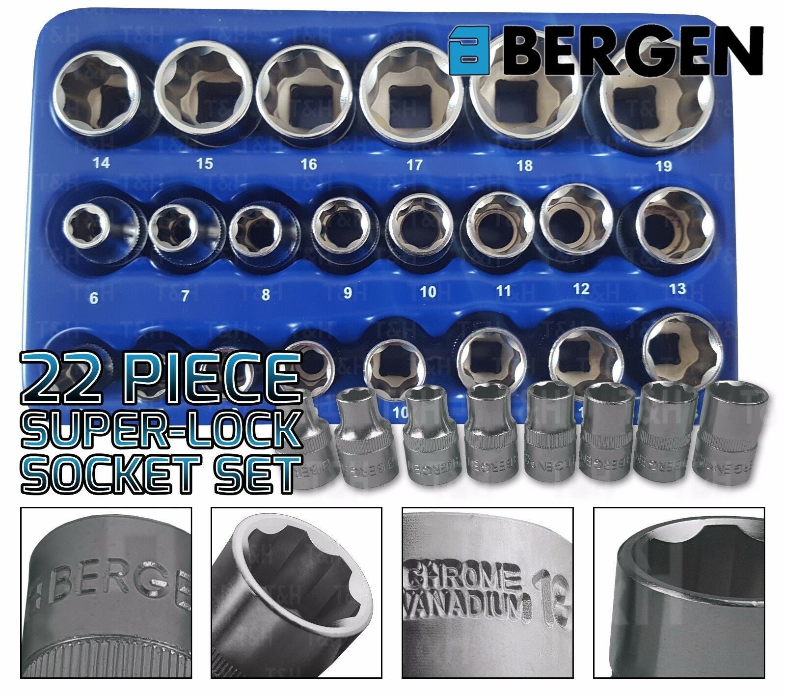 US PRO 22PCS 1/4" & 3/8" DRIVE SUPER LOCK SOCKETS 6MM - 19MM