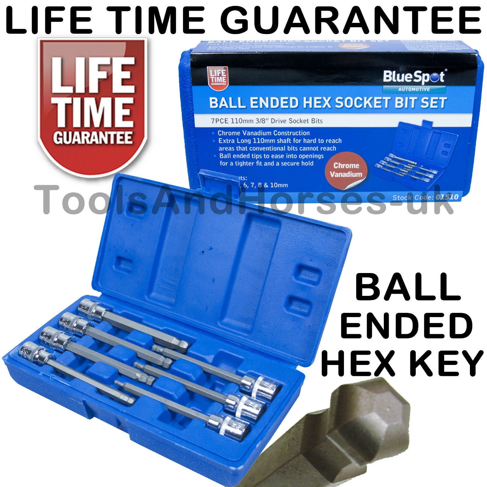 BLUESPOT 7PCS 3/8" DRIVE EXTRA LONG BALL ENDED HEX BIT SOCKETS H3 - H10