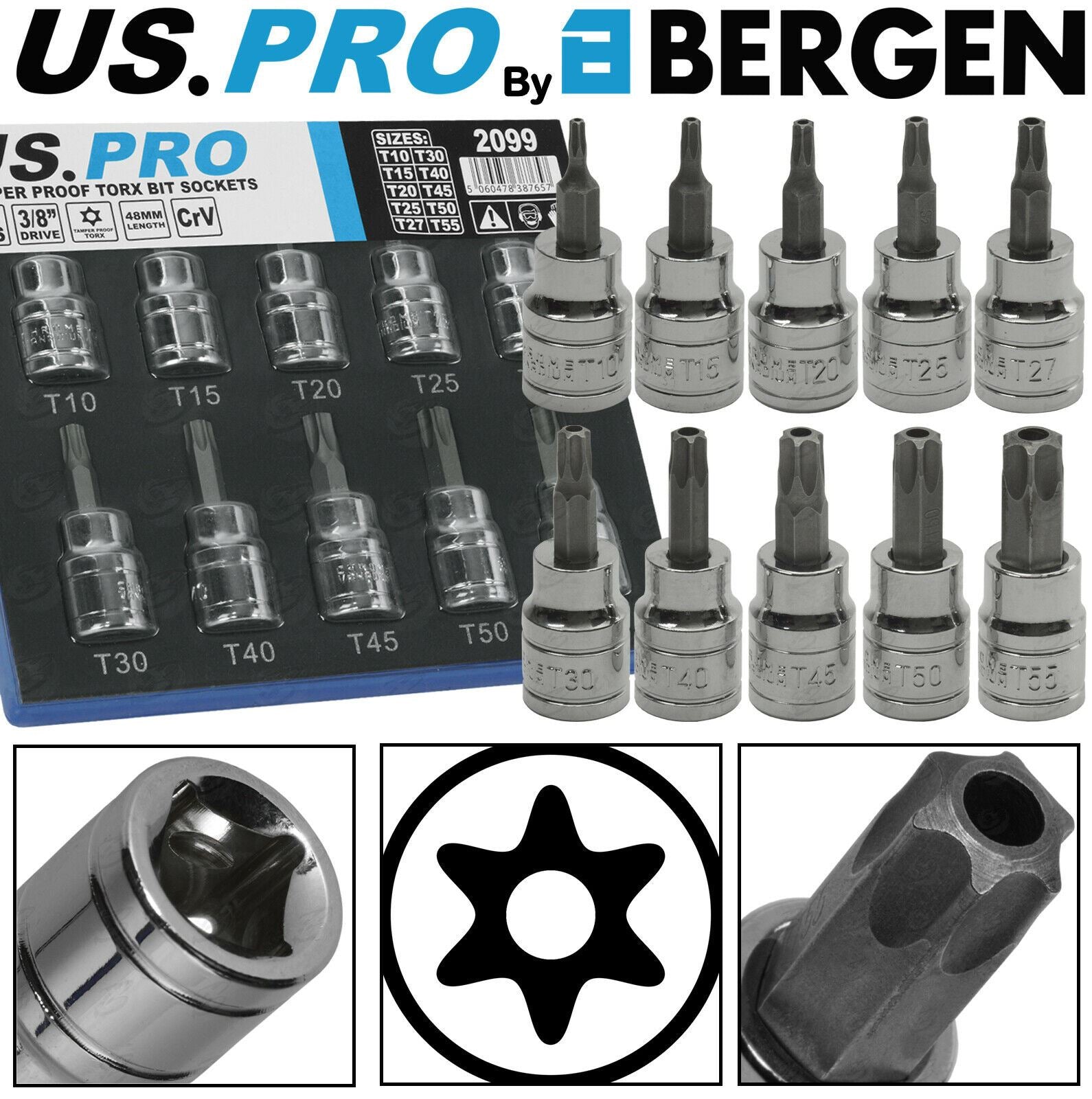 US PRO 10PCS 3/8" DRIVE TAMPERPROOF TORX BIT SOCKETS T10 - T55
