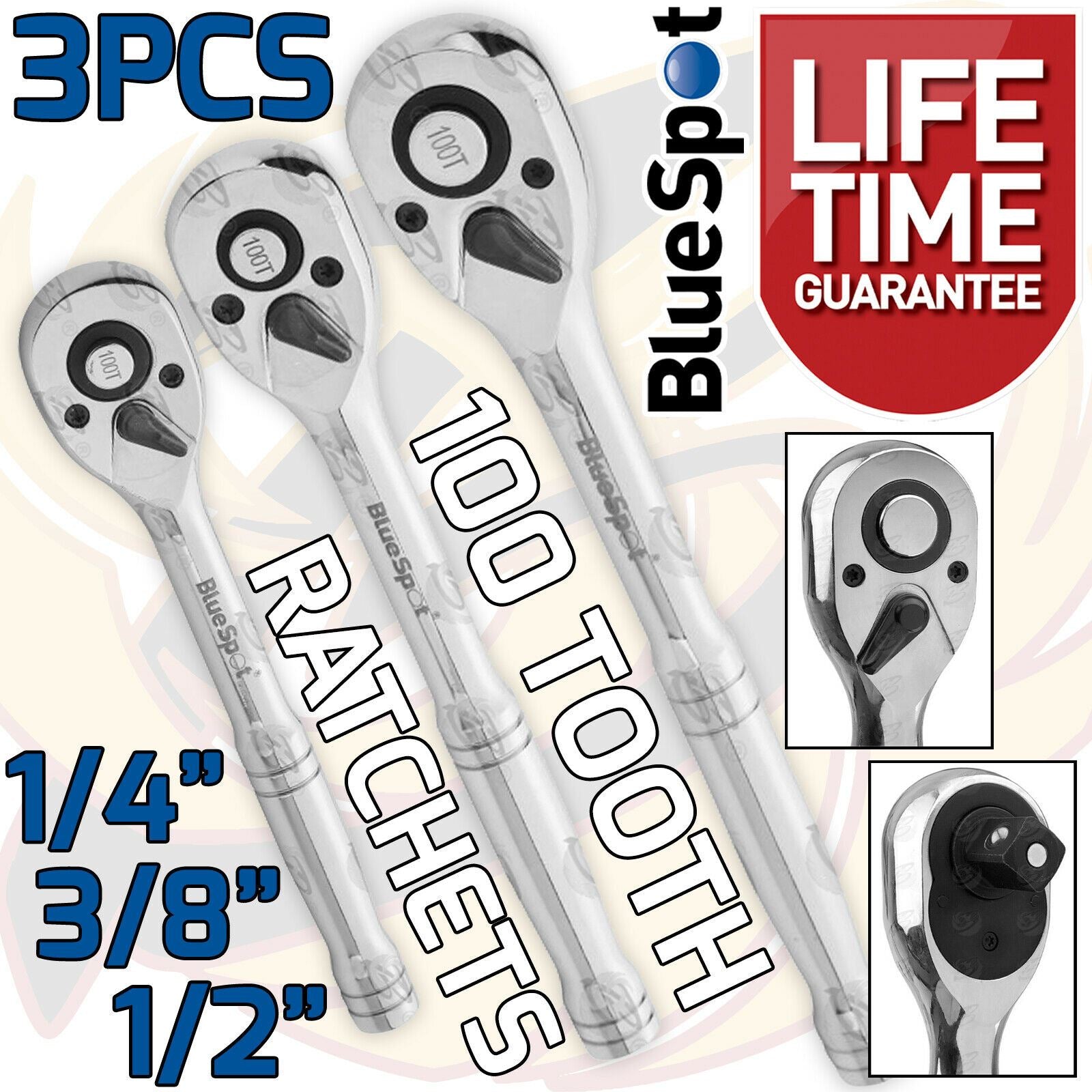 BLUESPOT 1/4" & 3/8" & 1/2" DRIVE 100 TOOTH RATCHET HANDLE