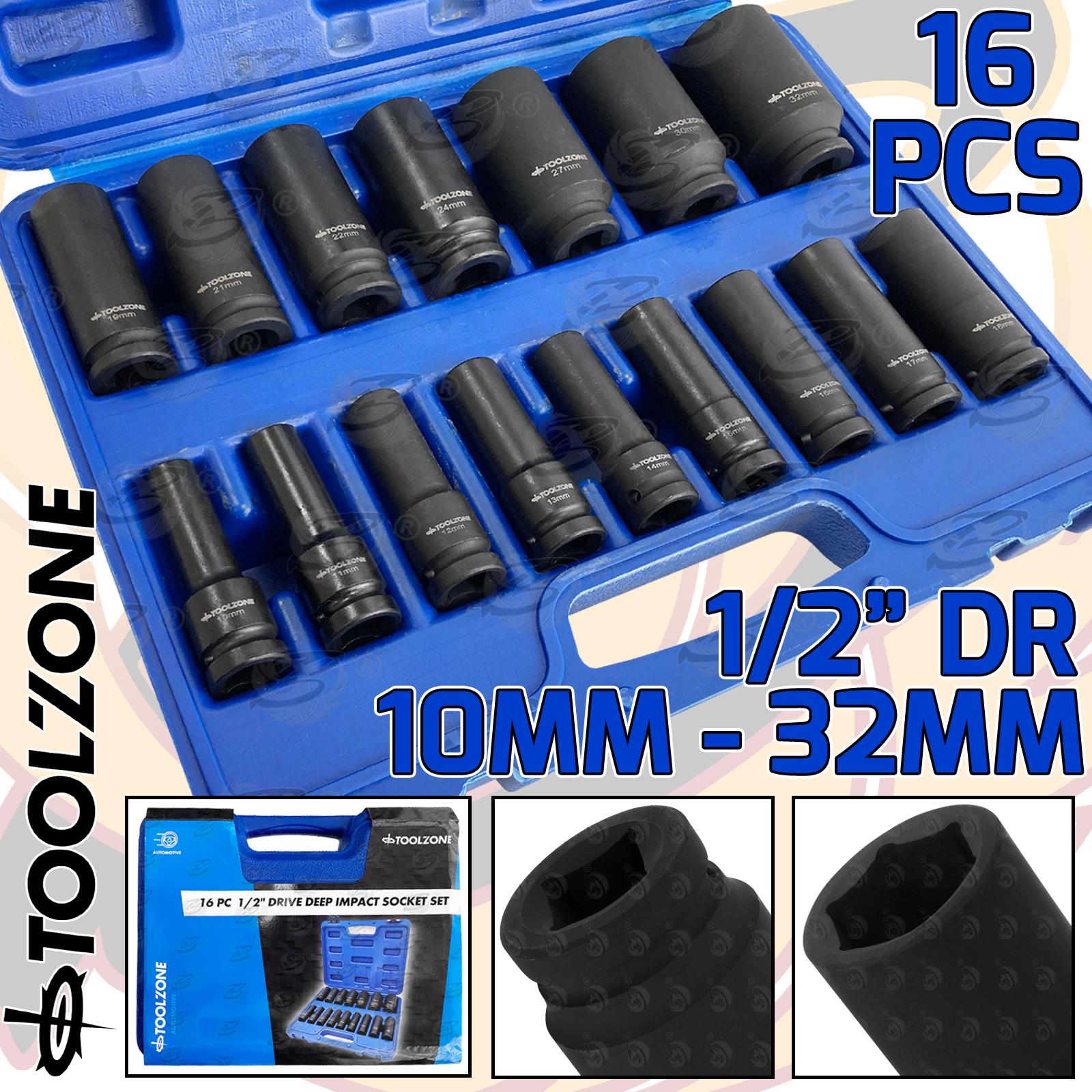 TOOLZONE 16PCS 1/2" DRIVE 6 POINT DEEP IMPACT SOCKETS 10MM - 32MM