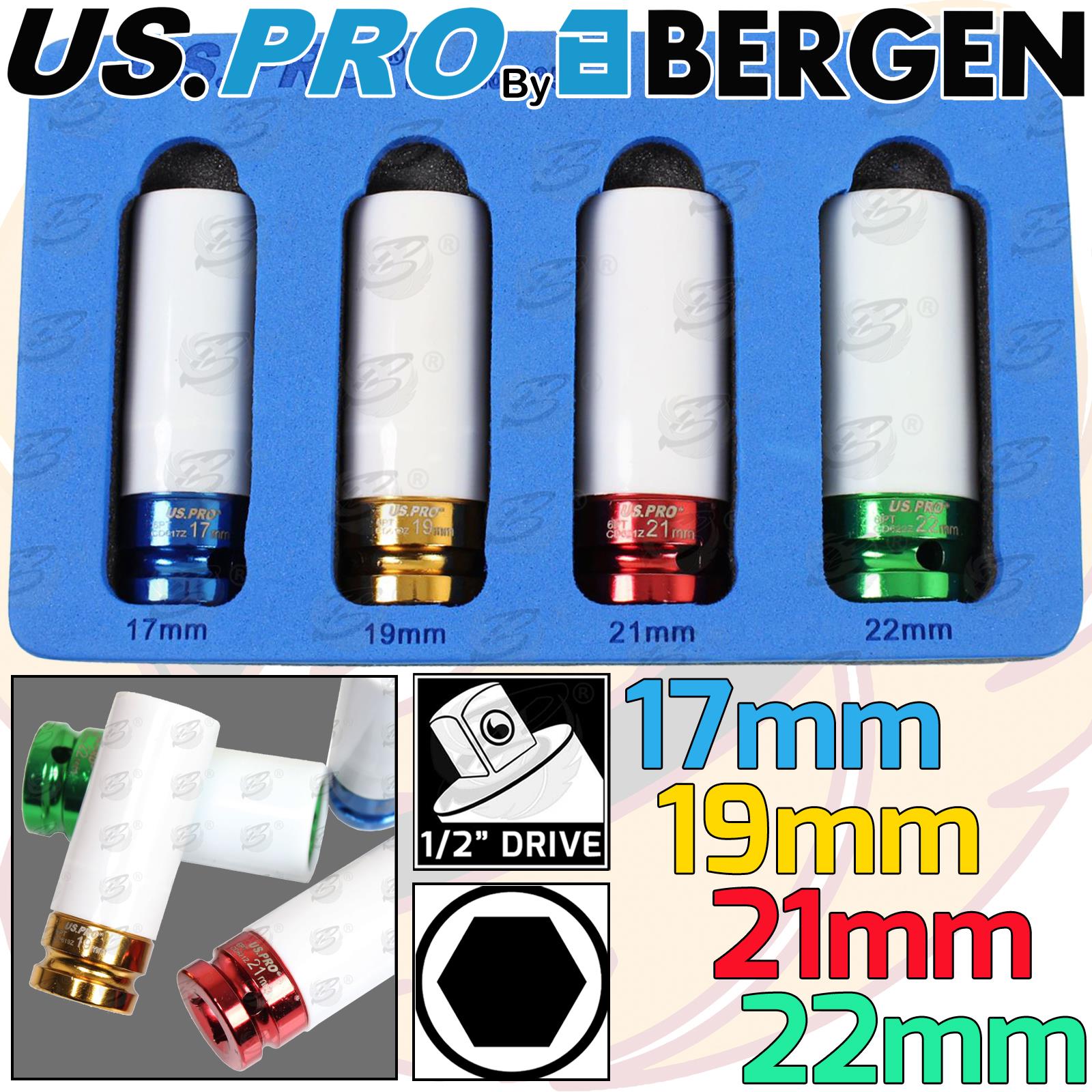 US PRO 4PCS 1/2" DRIVE 6 POINT ALLOY WHEEL NUT SOCKETS 17MM - 22MM