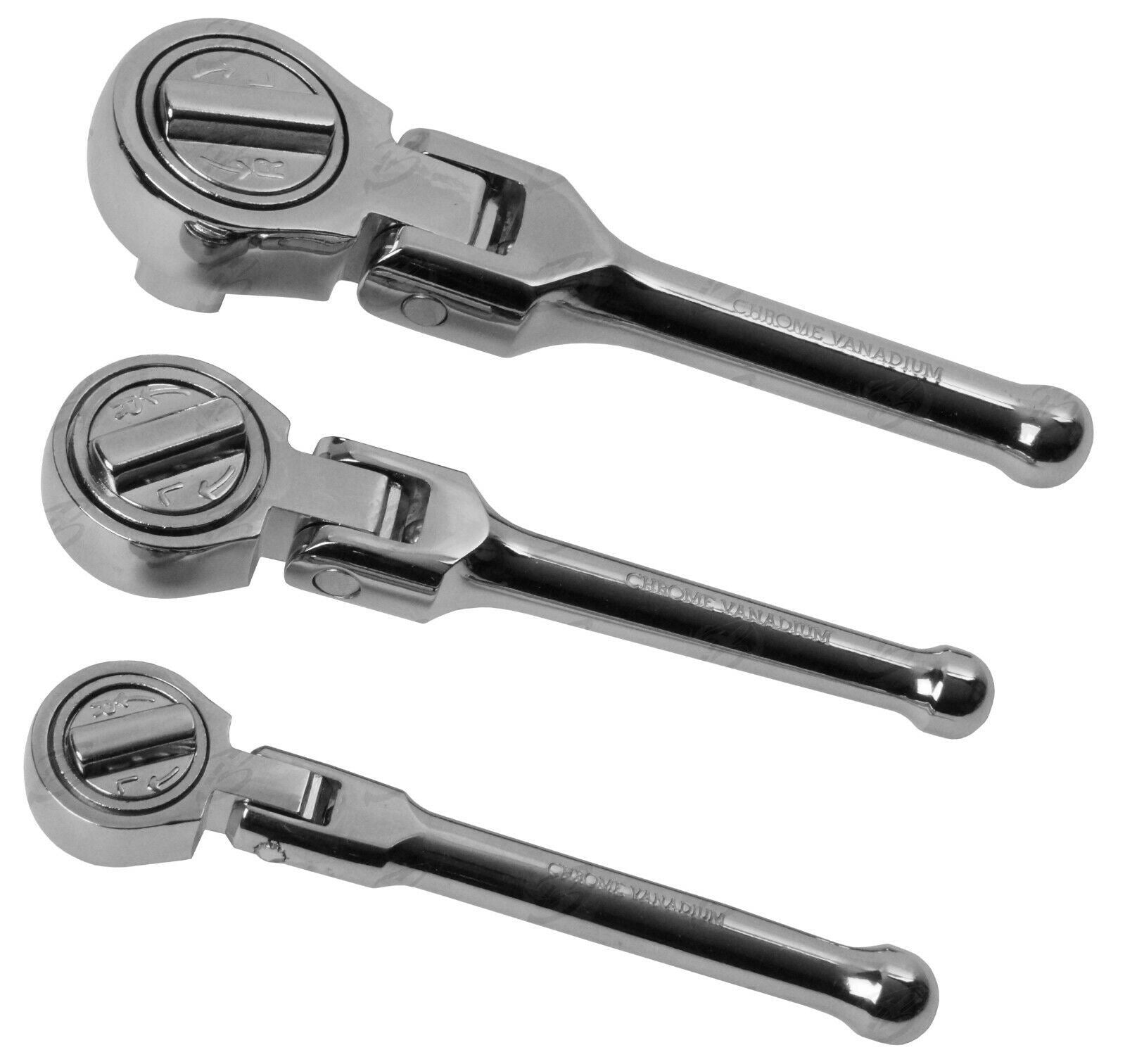 TOOLZONE 3PCS STUBBY FLEXIBLE RATCHET HANDLE SET 1/4" & 3/8" & 1/2" DRIVE