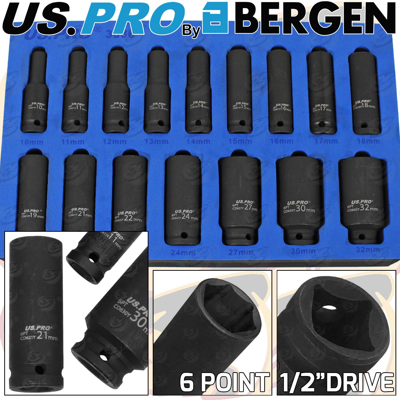 US PRO 16PCS 1/2" DRIVE 6 POINT DEEP IMPACT SOCKETS 10MM - 32MM