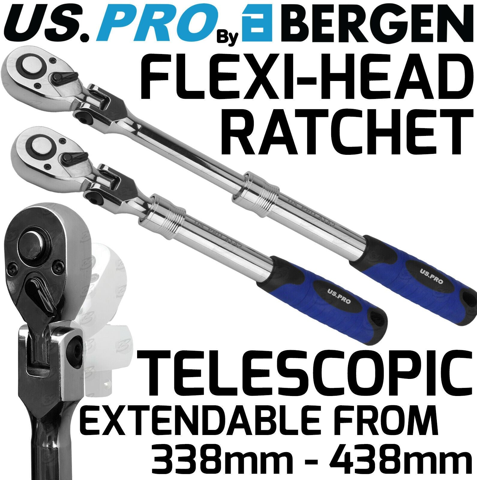 US PRO 1/2" DRIVE 72 TOOTH FLEXI HEAD EXTENDABLE RATCHET HANDLE