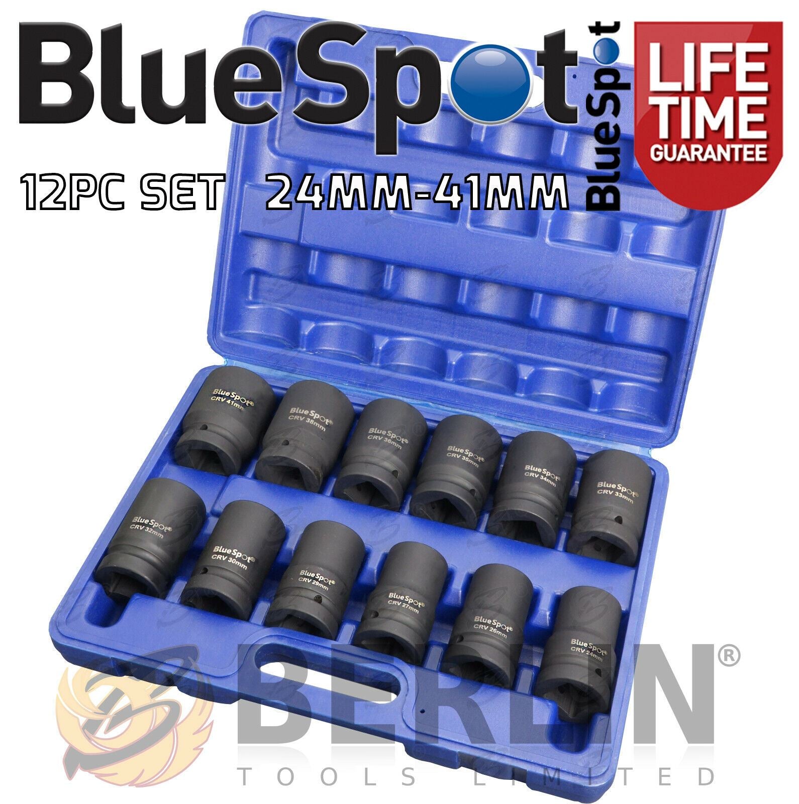 BLUESPOT 12PCS 1" DRIVE 6 POINT DEEP IMPACT SOCKETS 24MM - 41MM