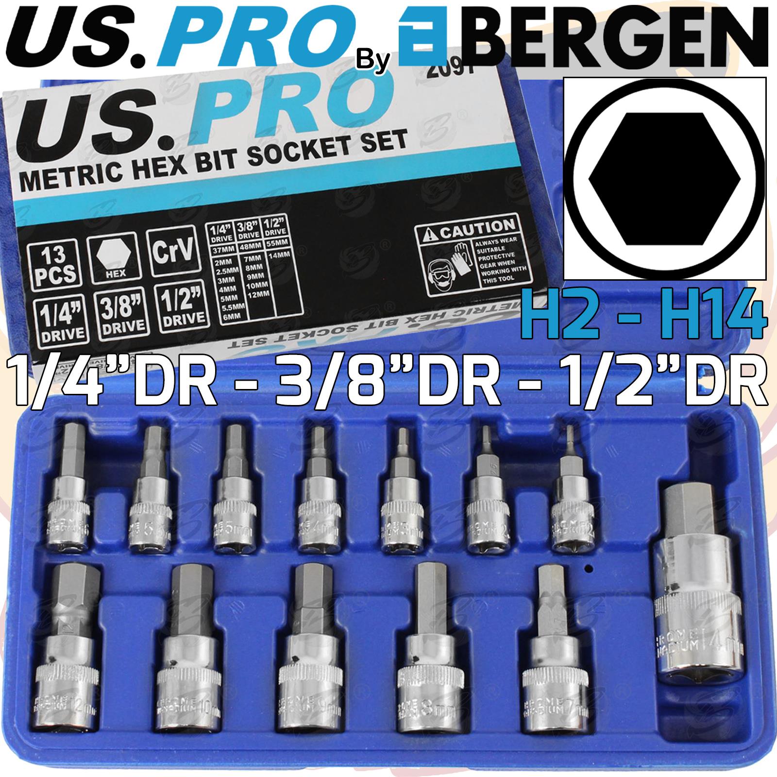 US PRO 13PCS 1/4" & 3/8" & 1/2" DRIVE HEX BIT SOCKETS H2 - H14