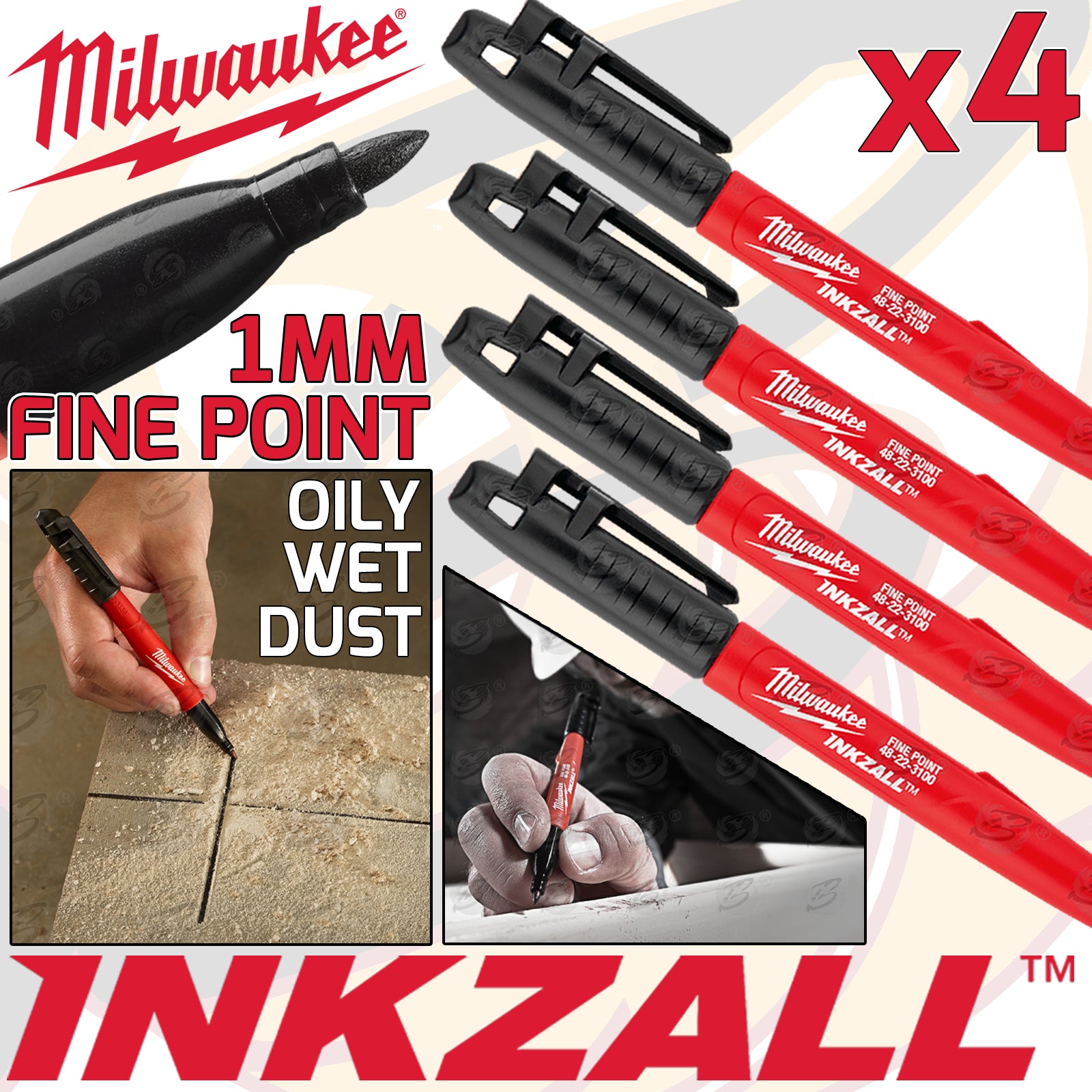 MILWAUKEE INKZALL 1mm ALL SURFACE MARKER PEN ( x4 )