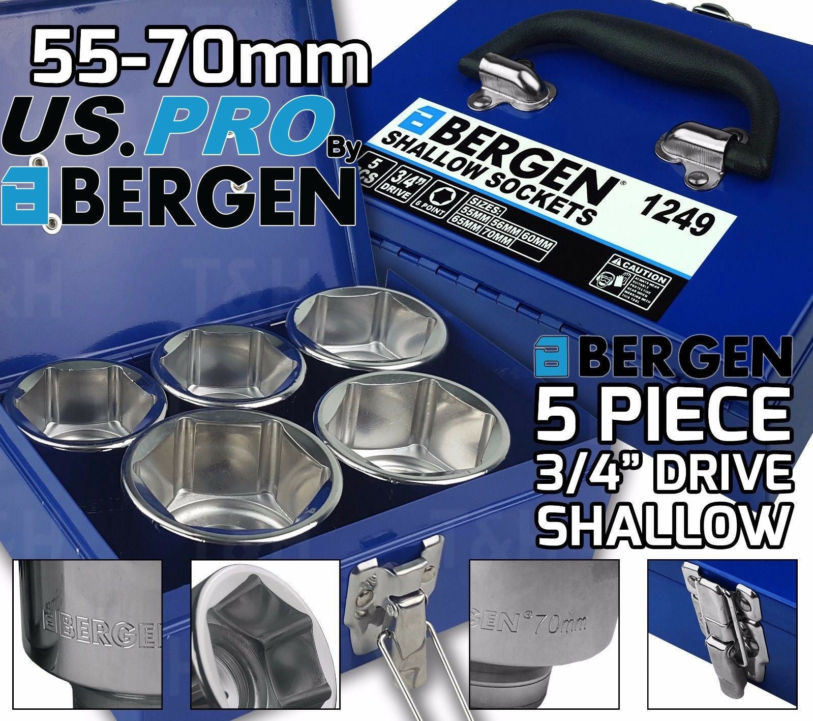 US PRO 5PCS 3/4" DRIVE 6 POINT SHALLOW SOCKETS 55MM - 70MM